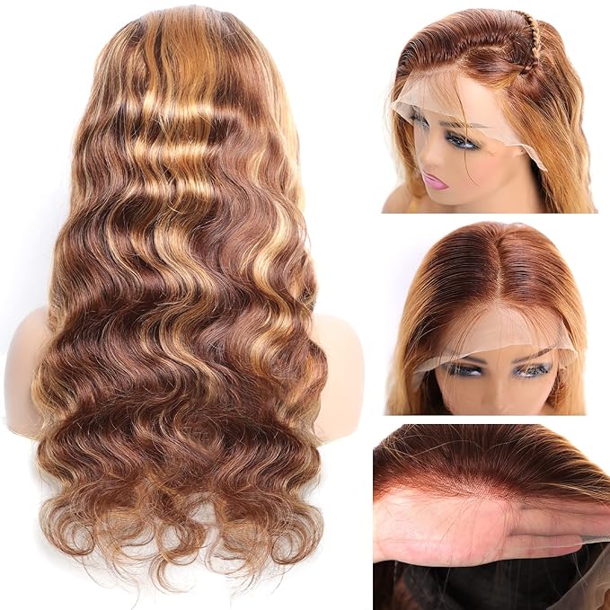 13x4 Highlight Ombre Lace Front Wig Human Hair Pre Plucked 4/27 Honey Blonde HD Transparent Colored Lace Frontal Wigs For Women with Baby Hair 200% Density Body Wave Lace Front Wig (16 Inch)