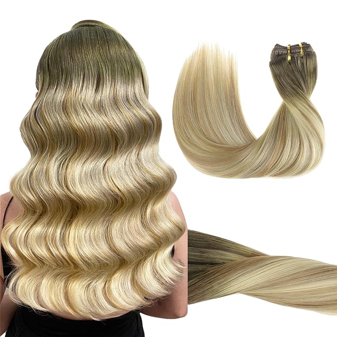 GOO GOO Clip in Hair Extensions Real Human Hair, Remy Human Hair Extensions Clip ins for Women, Natural Human Hair, 16inch 120g 7Pcs, 5A/90/16F Bahamian Balayage
