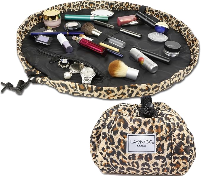 Lay-n-Go Cosmo Layflat Drawstring Cosmetic & Makeup Bag Organizer w/Zipper Pocket, Brush Loops & More, Cinch to Close, Lay Flat to Use, Durable, Machine Wash, Travel Toiletry Bag (20", Leopard)