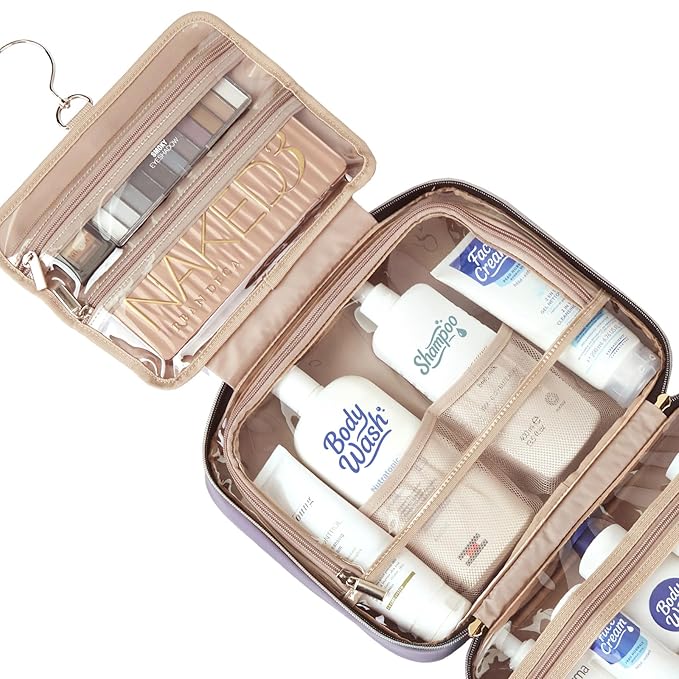 NISHEL Travel Toiletry Bag for women, Portable Hanging Organizer for Full-Sized Shampoo, Conditioner, Brushes Set, Makeup Accessories, Large Size, Purple