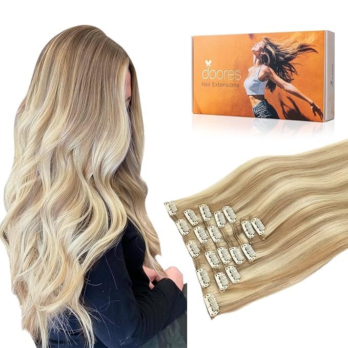 DOORES Clip in Hair Extensions, Real Human Hair, Balayage Dark Blonde Highlighted Bleach Blonde, 20 Inch 120g 7pcs, Remy Natural Straight Thick