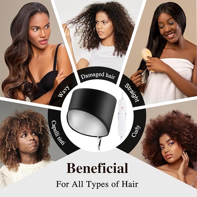 Heated Electric Thermal Steamer Cap for Natural Black Afro Hair - Hot Spa Treatment Hat with Temperature Control for Deep Conditioning at Home - Black