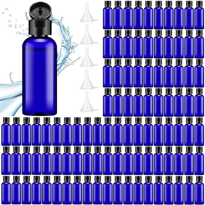 Eccliy 100 Pack 2 oz Travel Bottles Plastic Bottles with Lids Refillable Travel Size Cover Cap Plastic Liquid container for Toiletries Lotions Shampoo Creams Dispensing with 5 Funnels(Blue)