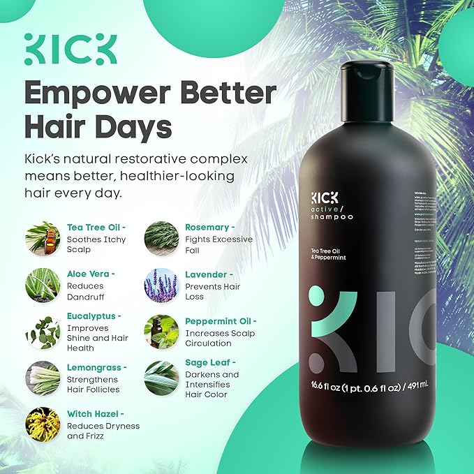 Kick Mens Shampoo - Peppermint & Tea Tree for Oil Control - Sulfate-Free, Refreshing Formula - Anti-Dandruff and Scalp Soothing - Shampoo for Oily Hair - Cruelty-Free - 16.6oz