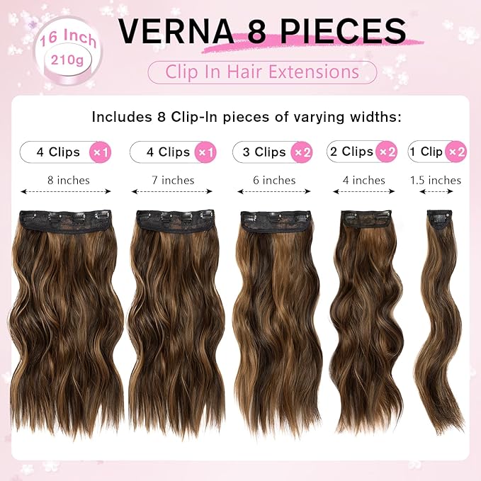 Clip in Hair Extensions for Women, 8PCS 16 Inch Wavy Dark Brown Mix Light Brown Curly Hair Extensions Clip Ins, Synthetic Airy and breathable Hairpieces for Women