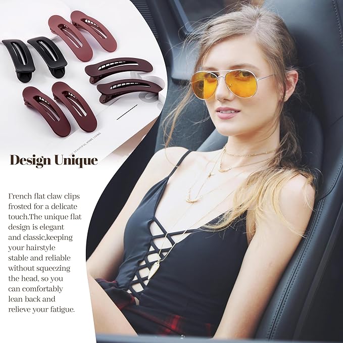 8 Pcs Large Lay Flat Claw Clips for Women French Side Slide Barrettes for Thin Fine Hair Rectangle Alligator Hair Accessories,Matte Black Red
