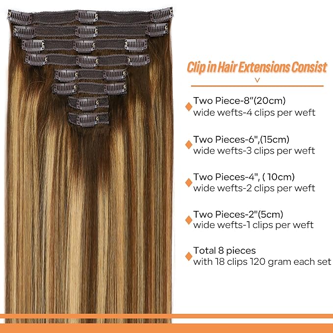 Straight Clip In Hair Extensions Real Human Hair 8Pcs Clip In Balayage Chocolate Brown to Caramel Blonde Human Hair Extensions with 18Clips Lace Weft 120g 18inch #4/27/4