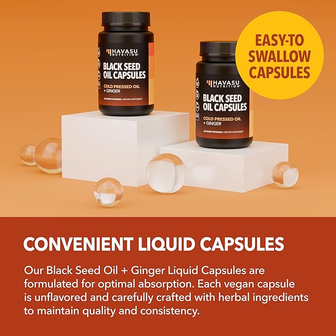 Black Seed Oil Capsules with Ginger Root Extract for Digestive Health & Immune Support - Cold Pressed Black Cumin Seed Oil & Ginger Supplement - 60 Count - Vegan, Non-GMO, Unflavored - 1 Month Supply