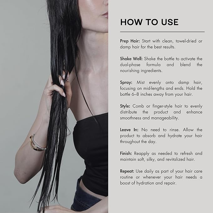 PREVIA Hydrating Biphasic Leave-In Conditioner Spray | Moisturizing & Anti-Frizz Reconstructive Treatment with White Truffle | Detangle & Repair Dry Damaged Hair | Vanilla & Bergamot Scent | 6.7 oz