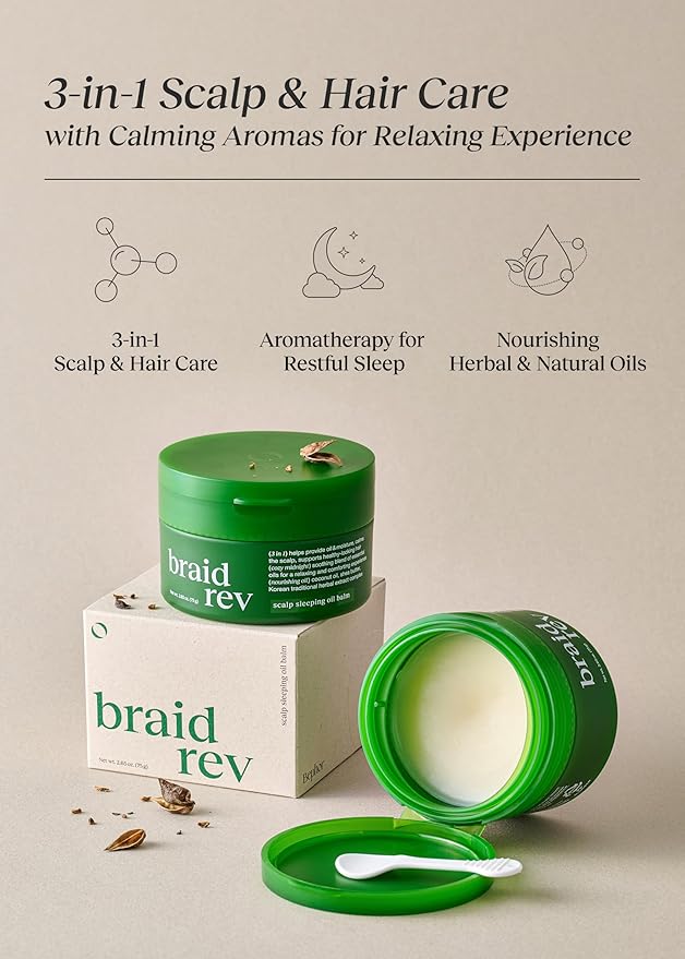 Braid Rev Scalp Sleeping Oil Balm, Korean Scalp Treatment, Balm-to-Oil Formula, Nourishing for Dry Scalp with Coconut Oil & Shea Butter, Reduces Excess Oil & Strengthens Hair Roots, 2.65 oz