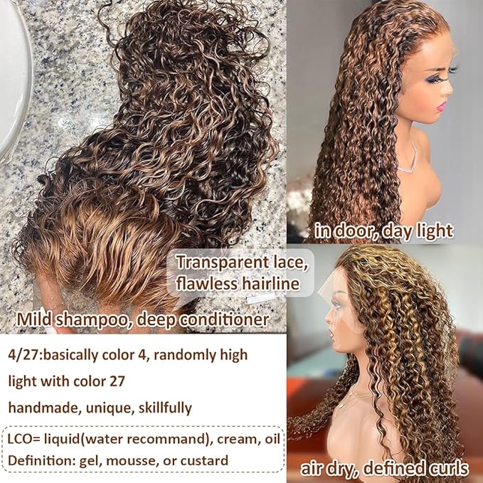 CYNOSURE 13x5 Highlight Ombre Lace Front Wig Human Hair 427 Colored Honey Blonde Deep Wave Curly Wig 180% Density HD Transparent Lace Frontal Wigs Human Hair 22 Inch