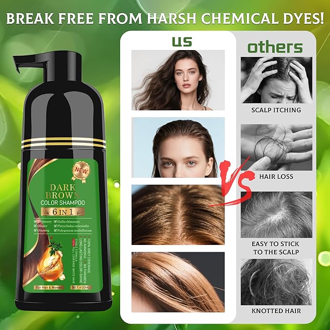 Black Hair Dye Shampoo 6-in-1 Unisex Natural Herbal Formula, Hair Color Shampoo for Women&Man Long-Lasting Color for Grey Coverage Home & Salon (Dark Brown)
