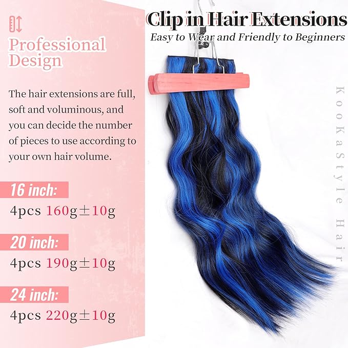 KooKaStyle Clip in Long Wavy Synthetic Hair Extension 20 Inch Blue - Black Streak 4PCS Thick Hairpieces Fiber Double Weft Hair for Women