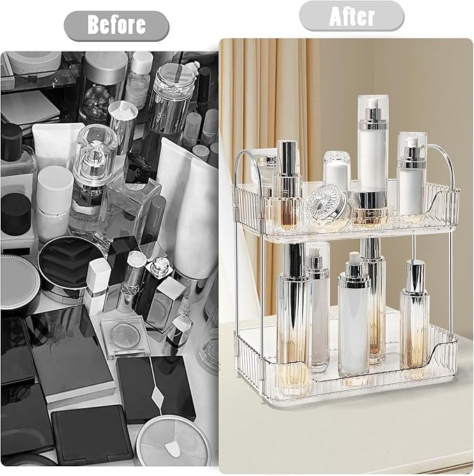 Bathroom Counter Organizer Countertop Storage Skincare Countertop Makeup Organizer Cosmetics Skincare Organizers Holder for Perfume-Clear white-silver pole