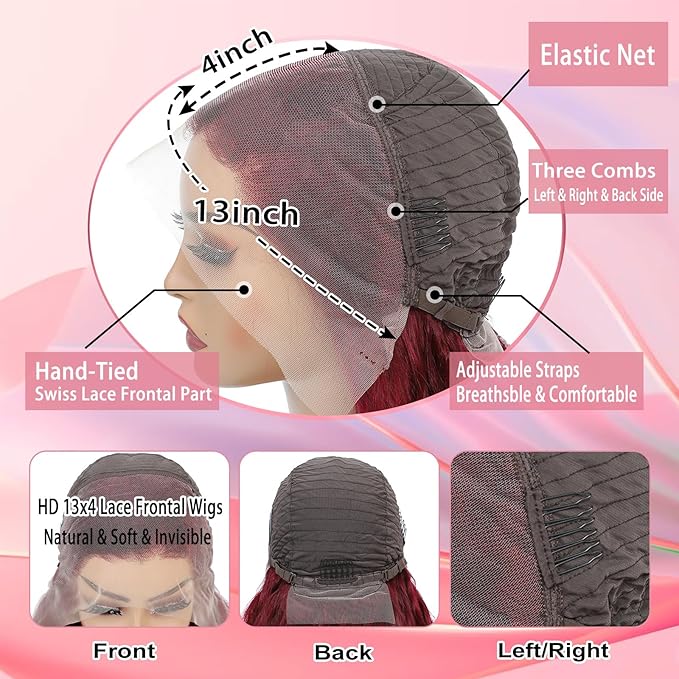 MEIMEI 200 Density Lace Front Wigs Human Hair Loose Wave 99J Burgundy 15A 13x4 Full Large Lace Space Frontal Wig Pre Plucked Burgundy Loose Deep Wave Wigs Human Hair