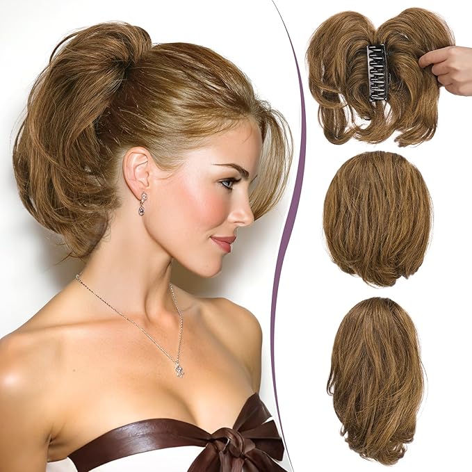 RUWISS Claw Clip Short Human Hair Ponytail Extension with Bendable Metals for DIY Styles, Straight Messy Bun Hair Piece for Women Thick Hairpieces for Daily Wear, 9 Inch Medium Brown