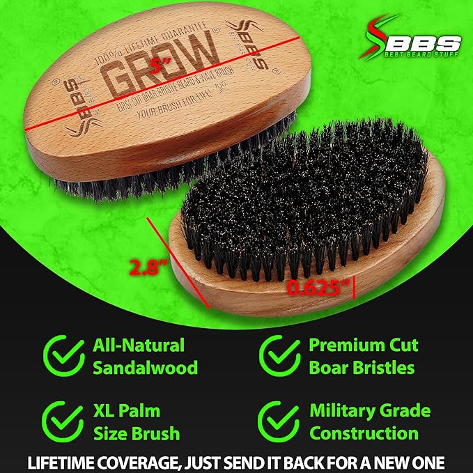 GROW Beard Brush & 360 Wave Brush for Men - Natural Boar Bristle For Fuller, Thicker Hair, Beard & Mustache - Premium Full-Size to Exfoliate, Strengthen Hair, Stimulate & Boost Growth