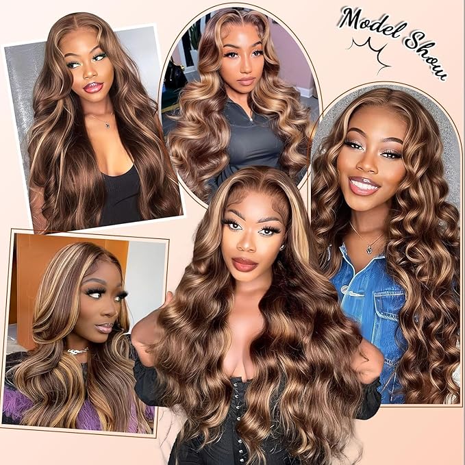 AMIRTY Highlight Ombre Lace Front Wig Human Hair 20 Inch Honey Blonde Body Wave 13x4 HD Lace Front Wigs Human Hair Pre Plucked 250 Density Brown 4/27 Colored Lace Frontal Glueless Wigs for Women