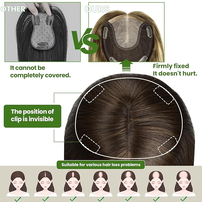HAIR Real Human Hair Toppers for Women 150 Density 6x7inch Hand-Tied 65 grams 14 inch Hair medium dark brown for Women with Thinning Crown (#4 14inch)