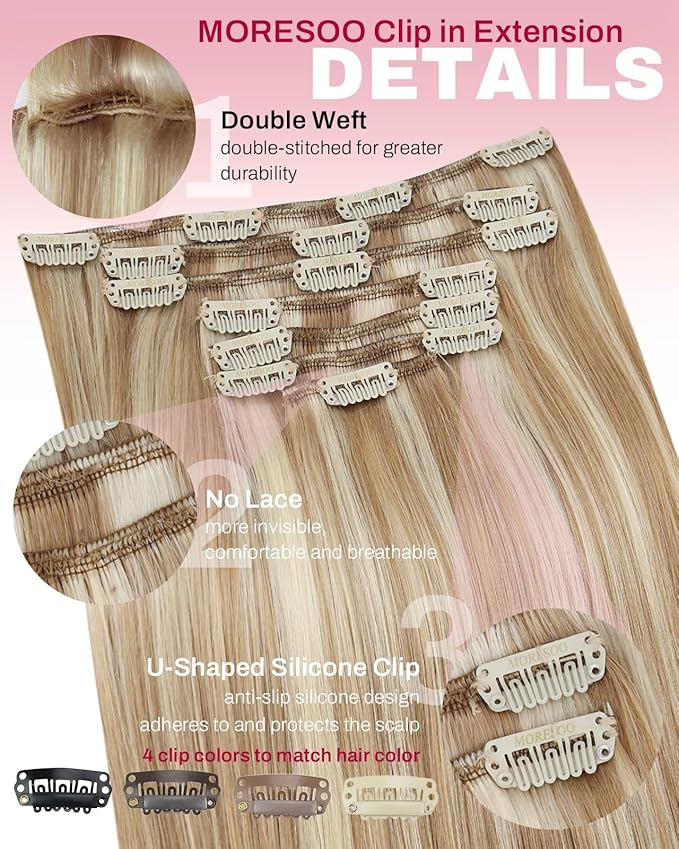 Moresoo Clip in Hair Extensions Brown with Blonde Highlights Clip in Extensions Real Human Hair Warm Yellow Brown with Light Blonde Full Head Long 120g/7pcs 20 inch