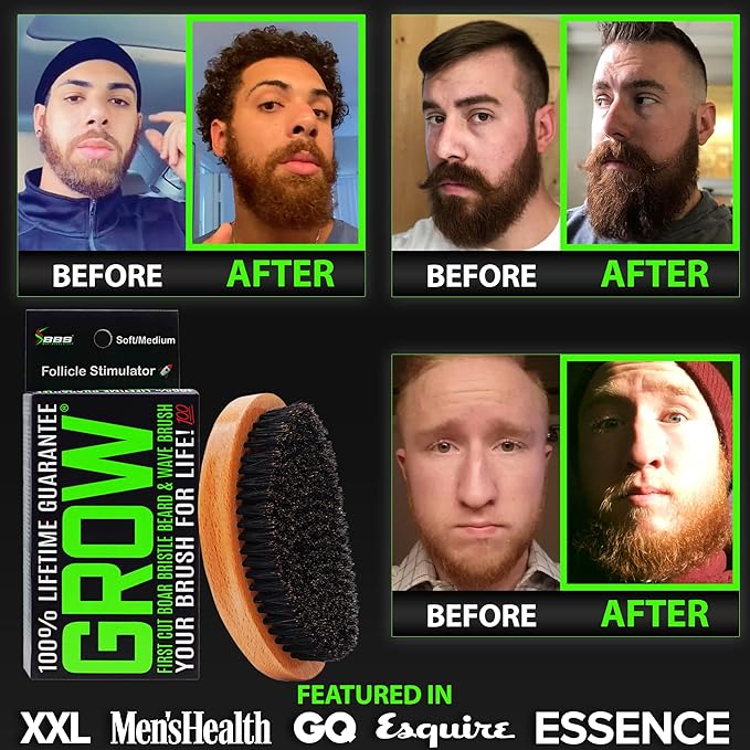 GROW Beard Brush & 360 Wave Brush for Men - Natural Boar Bristle For Fuller, Thicker Hair, Beard & Mustache - Premium Full-Size to Exfoliate, Strengthen Hair, Stimulate & Boost Growth