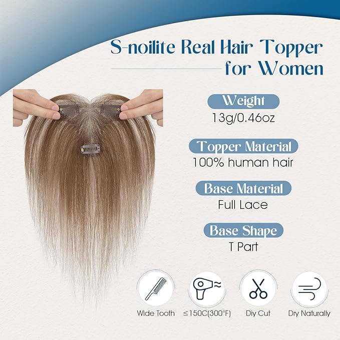 Hair Topper with Side Bangs Human Hair Curtain Bangs Topper for Women, T-part Lace Base Real Human Hair Topper Hair Piece for Daily Wear(Side Bangs,Meduim Brown)