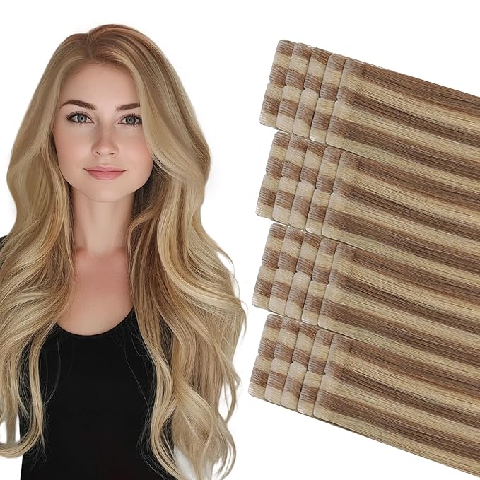 COOKAYU Invisible Tape in Hair, Gold Brown to Caramel Blonde 20pcs/pack 20Inch 45g Seamless Tape in Extensions Real Human Hair Injected Invisi Edge Extensions
