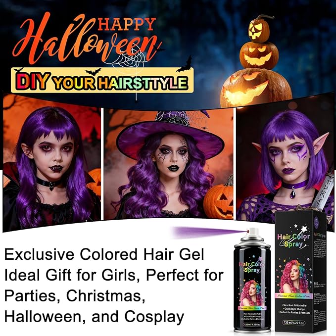 Temporary Hair Spray Color for Kids Women - One-Time Use Green Hair Spray, Vegan and Cruelty-Free Semi-Permanent Hair Color Dye (120ML, Purple)