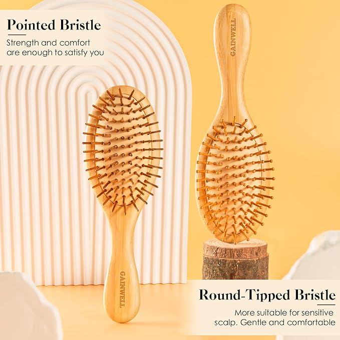 GAINWELL Hair Brush for Hair Growth, Bamboo Bristles Detangling Wooden Paddle Hair Brush for Massaging Scalp, All Hair Types Women Men Kids, Ergonomic Handle, Pointed Bristle