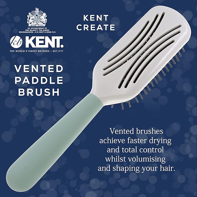 Kent KCR2 "Create" Vented Cushion Paddle Hair Brush for Blowdrying, Root Lift, and Volume in All Hair Types - Vent Brush with Green Ergonomic Handle and Soft Ball Tipped Bristles for Pain Free Use