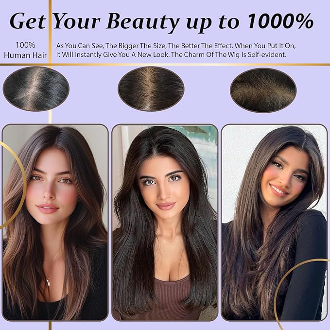 Hair Toppers for Women Real Human Hair, 360°3D Topper for Women with Thinning Crown Wispy Clip in Bangs Breathable Hand Tied Craft Big Coverage Hairpieces(Black（Big Coverage）, 12 Inch-3D-Wispy)