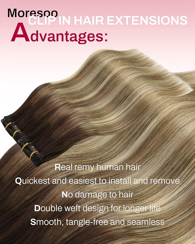 Moresoo Human Hair Clip in Extensions Balayage Dark Brown to Medium Brown with Blonde Ombre Clip in Hair Extensions for Women Full Head 7 Pcs 120G 22 Inch