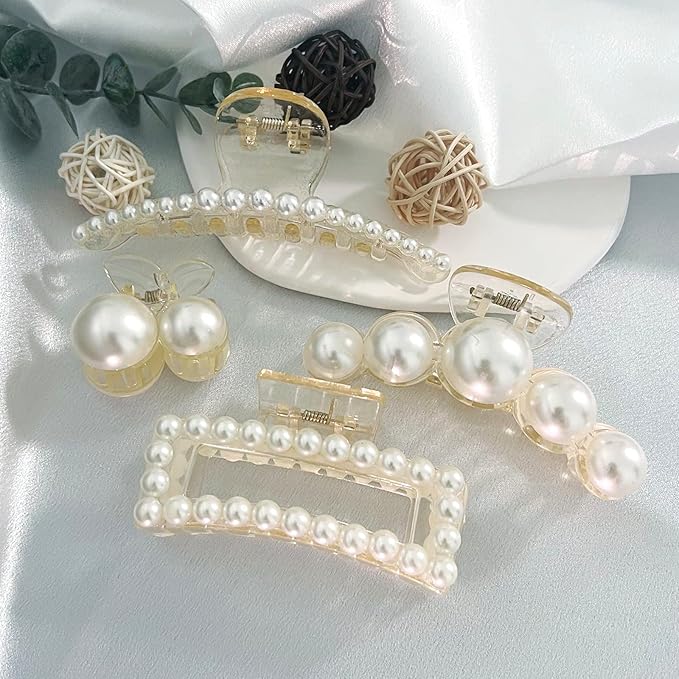 Mehayi 4 PCS Large Pearl Hair Claw Clips for Women Girls, Hair Barrette Clamps for Thick Thin Hair, Fashion Hair Accessories Headwear Styling Tools for Party Wedding