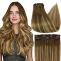Full Shine Hair Extensions Clip Ins Brown Hair Extensions 12 Inch Real Hair Extensions Ombre Brown Fading to Honey Blonde Highlighted Short Natural Human Hair Extensions for Women 3Pcs 60Grams