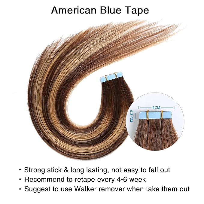 SUYYA Tape in Hair Extensions Human Hair Ombre Chocolate Brown to Caramel Blonde Remy Hair 22 inches 20pcs 50g/pack Straight Seamless Skin Weft Tape in Human Extensions Balayage(22 inch #P4/27/T4)