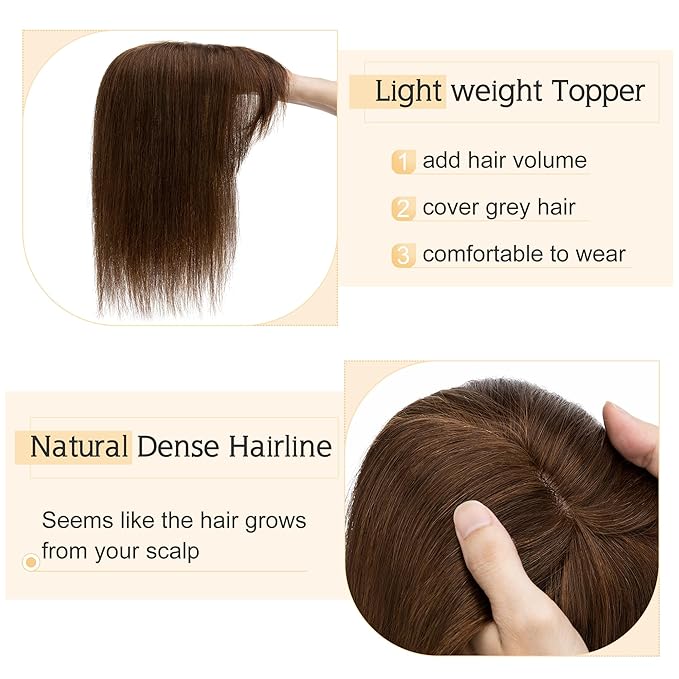 SEGO Hair Toppers for Women Real Human Hair With Bangs, 7 * 13CM Silk Base 100% Remy Human Hair Clip in Top Wiglet Hairpieces Add Volume /14 Inch Medium Brown