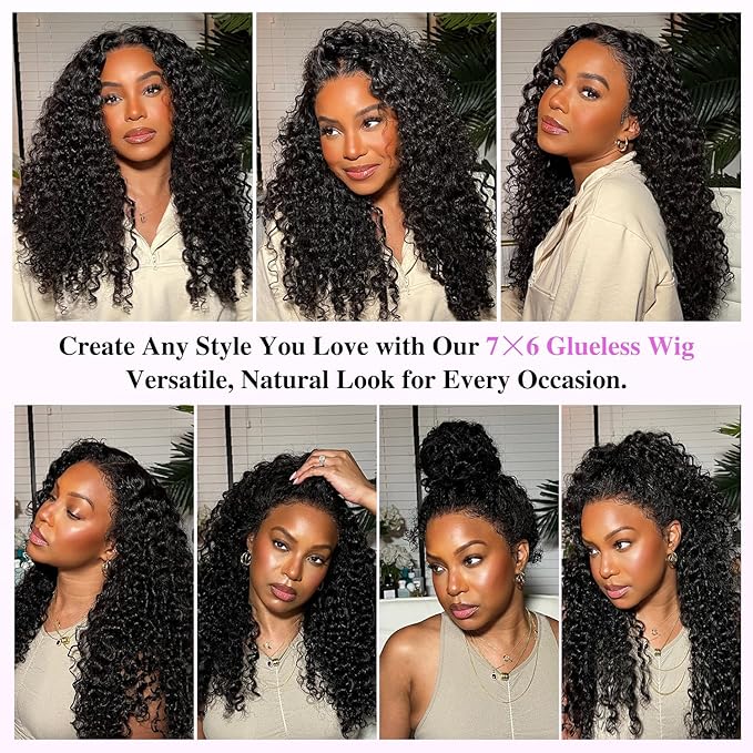 7x6 Burmese Curly Glueless Wigs Human Hair Pre Plucked Pre Cut 250% Density Drawstring Wig for Black Women 7x6 HD Lace Front Wigs Human Hair Glueless Wear and Go Nautural Color 24 Inch