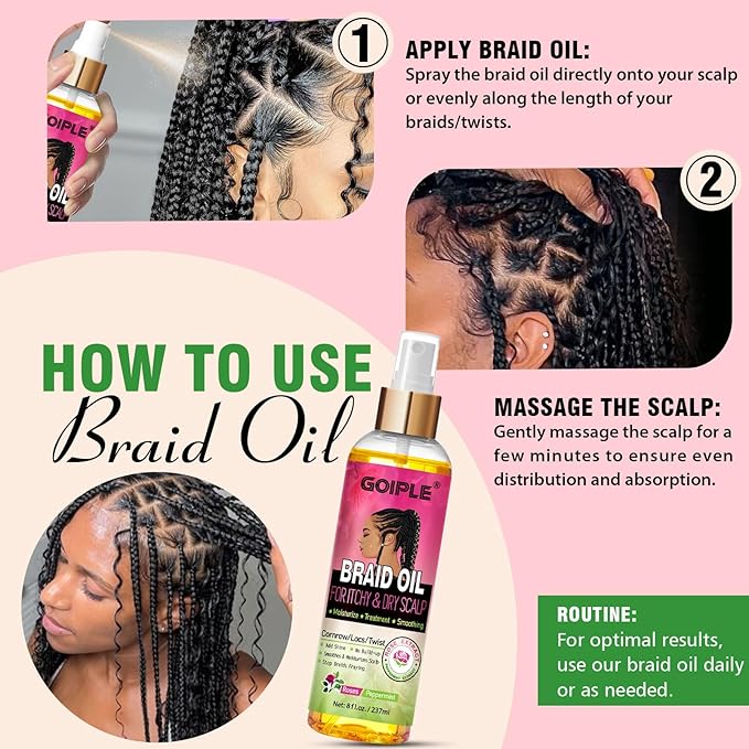 Braid Oil for Soothes Moisturizes Dry & Itchy Scalp- Braid Care for Dandruff and Thinning Edges- Braiding Scalp Oil for Locs & Twists Enhances Shine and Reduces Frizz Refreshes Dry Hair 8 fl oz