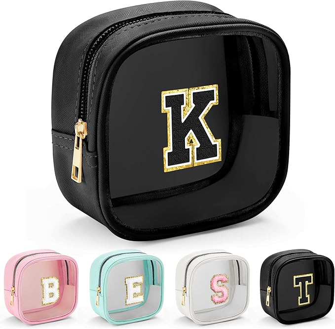 YOOLIFE Mini Clear Makeup Bag Initial Make Up Bag Waterproof Travel Toiletry Bag, Clear Makeup Bag Travel Essentials Gifts for Women Teen Girlfriend Teacher Mom Cute Pouch for Medications Black K