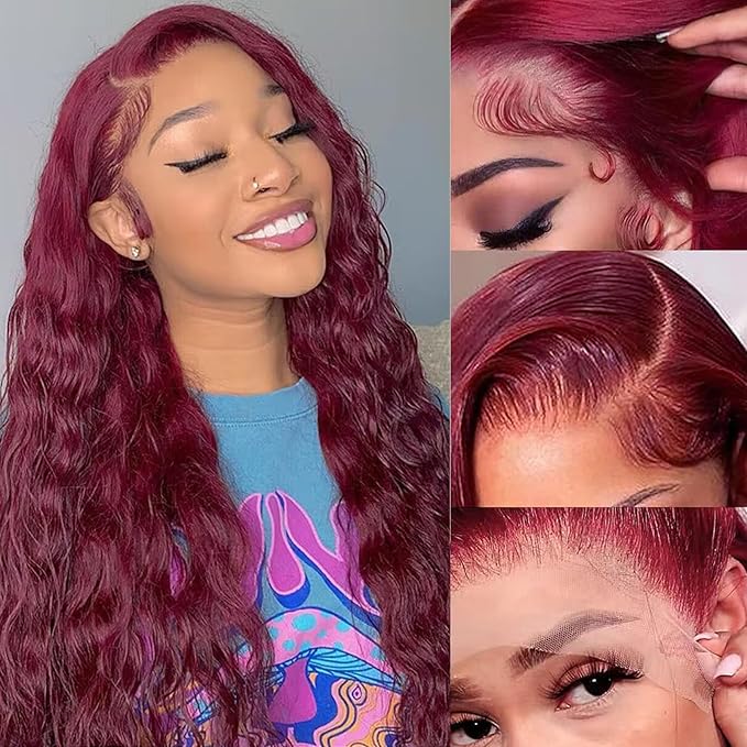 MEIMEI 200 Density Lace Front Wigs Human Hair Loose Wave 99J Burgundy 15A 13x4 Full Large Lace Space Frontal Wig Pre Plucked Burgundy Loose Deep Wave Wigs Human Hair