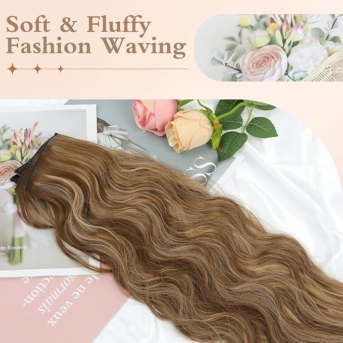 Clip in Hair Extensions, 20 Inch Caramel Brown Mixed Golden Blonde, 4PCS Long Wavy Clip Ins Synthetic Fiber Curly Hair Extensions Full Head Thick Hairpieces