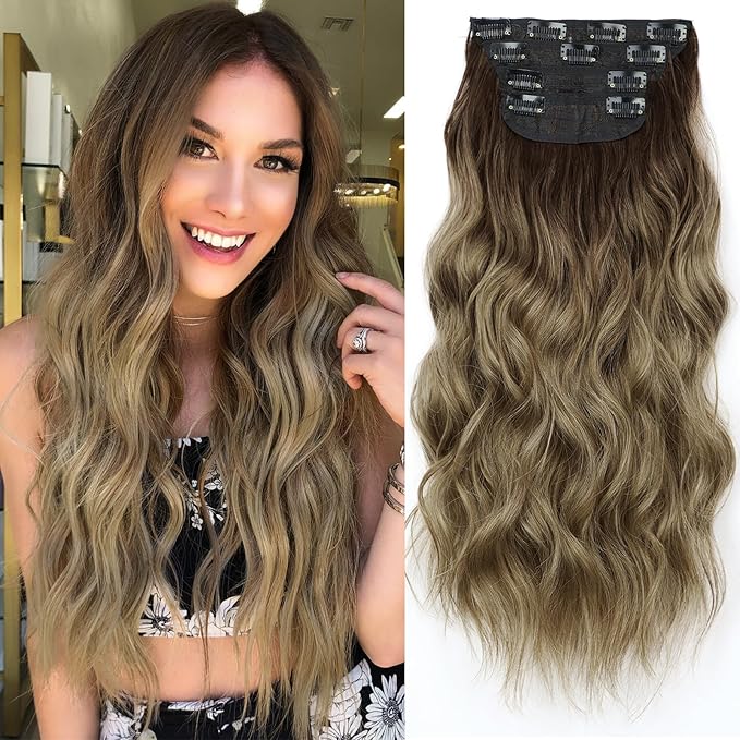 KooKaStyle Clip in Long Wavy Synthetic Hair Extension 20 Inch 4PCS Ombre Brown to Ash Blonde Hairpieces Fiber Thick Double Weft Hair Extension for Women