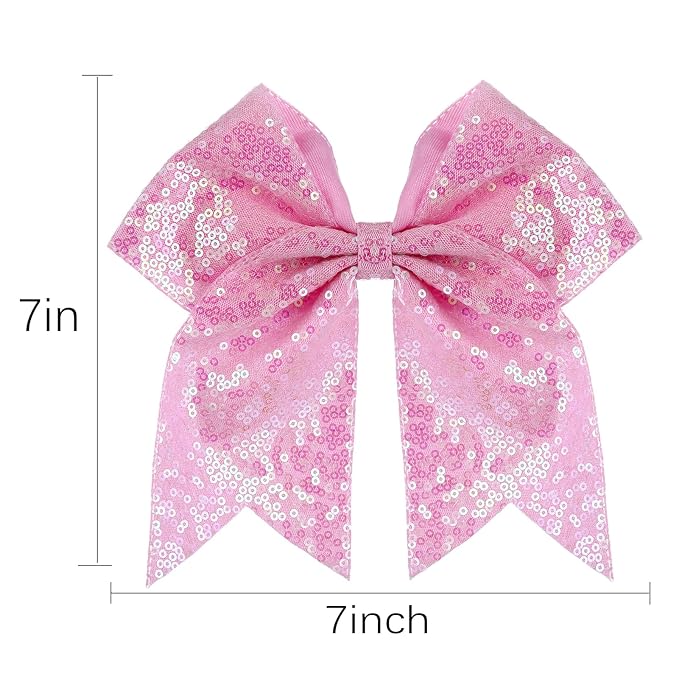 Large Glitter Cheer Bows Clips, Jumbo Big 7 Inch Cheerleading Sequin Hair Bow Hair Accessories for Teens Girls Football Sports Cheerleader Outfit Uniform (Pink)