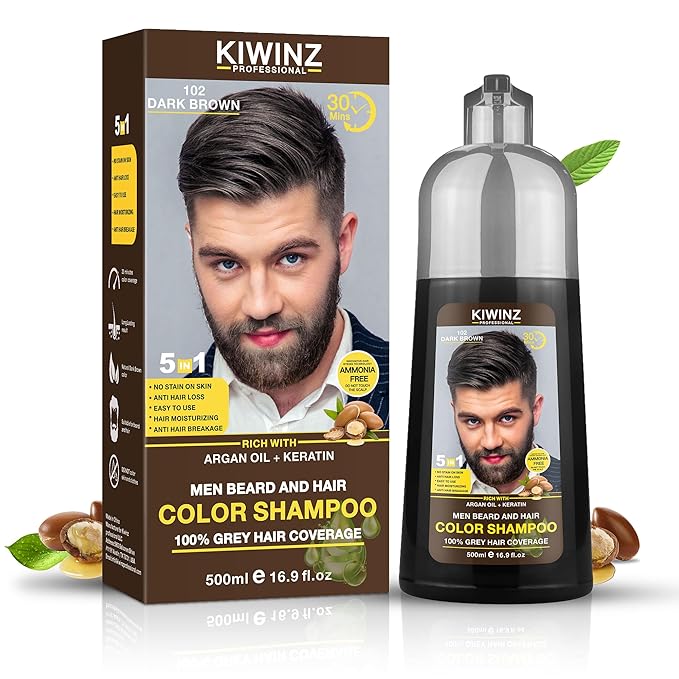 Dark Brown Hair Color Shampoo for Men – 5 in 1 Hair Dye Shampoo for Grey Hair - Instant Hair Dye with 100% Color Accuracy with Natural Ingredients - Ammonia Free - 500ml