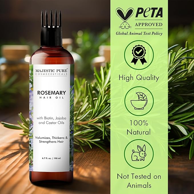Majestic Pure 100% Pure Rosemary Oil For Hair Growth - Strengthening, Nourishing, Volumizing - Infused with Biotin Oil, Jojoba Oil & Castor Oil - Non GMO Verified - 6.7 Fl Oz