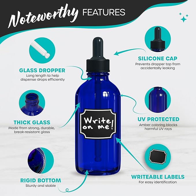 Nevlers Cobalt Blue Glass Bottle with Dropper 4 oz 24 Pack | Leakproof Glass Dropper Bottle Set w/Shrink Wrap, Funnel, Brush, Marker & Labels | Tincture Bottles with Droppers for Oils Serums Medicine