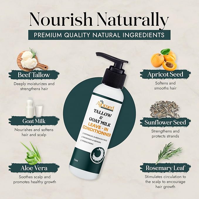 Beef tallow & Goat milk Leave-In Conditioner| Handmade hair Detangler- Anti-Frizz dreadlock moisturizer-Split End Moisturizing Hair Care for Dry, Damaged Hair Moisturizing Curl Primer (8 Fl Oz)