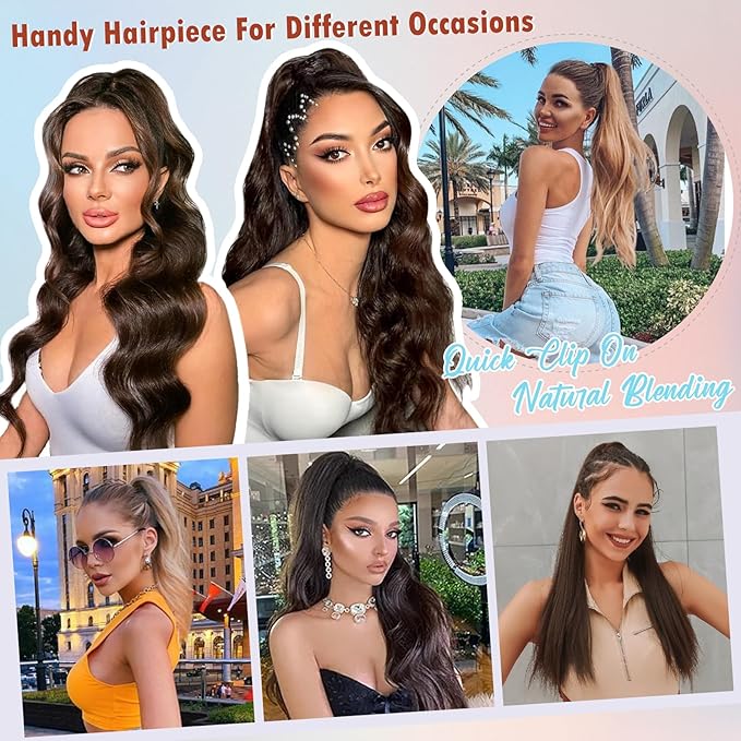 Hairro Ponytail Hair Extensions Claw Clip In Ponytails Jaw On Ponytail Extensions 100% Real Human Hair Long Straight Jaw/Claw Clips Pony Tail Hairpieces For Women 16 Inch 105g #02 Dark Brown