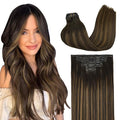 GOO GOO Clip in Hair Extensions Real Human Hair, Remy Human Hair Extensions Clip ins for Women, Natural Human Hair, 16inch 130g 7Pcs, 2/6/2 Balayage Dark Brown to Chestnut Brown