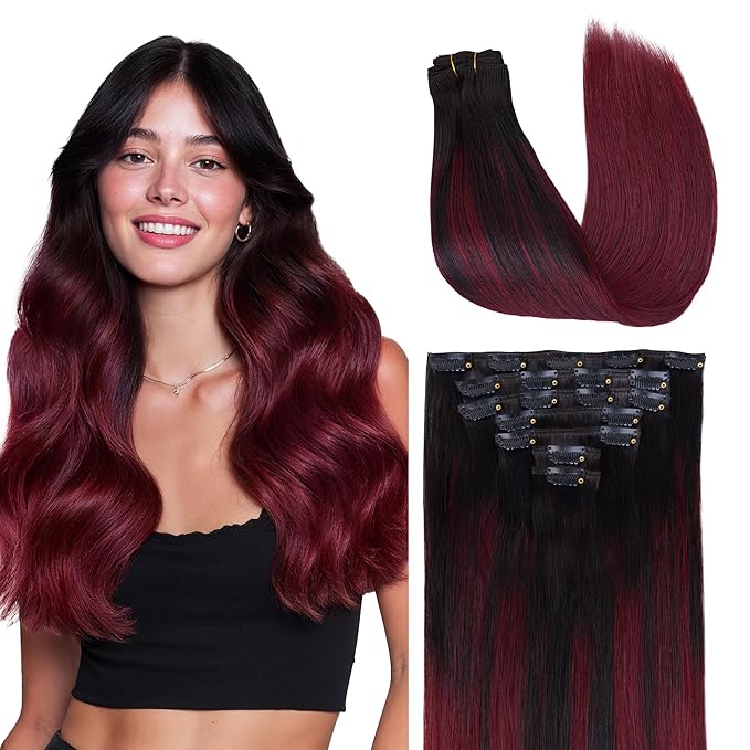 GOO GOO Clip in Hair Extensions Real Human Hair, Remy Human Hair Extensions Clip ins for Women, Natural Human Hair, 22inch 170g 7 Pcs, #1/99j Balayage Jet Black to Red